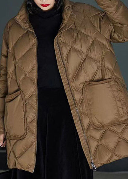 Classy Brown Stand Collar Zippered Duck Down Puffers Coats Winter Ly0001