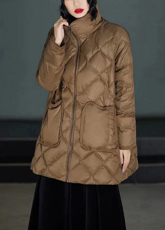 Classy Brown Stand Collar Zippered Duck Down Puffers Coats Winter Ly0001