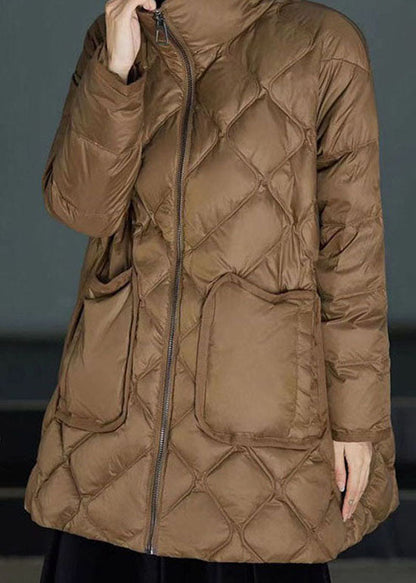 Classy Brown Stand Collar Zippered Duck Down Puffers Coats Winter Ly0001