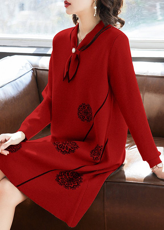 Classy Camel Bow Print Knit Sweater Dress Spring Tq017