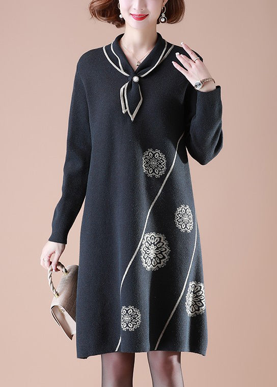 Classy Camel Bow Print Knit Sweater Dress Spring Tq017