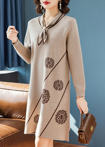 Classy Camel Bow Print Knit Sweater Dress Spring Tq017