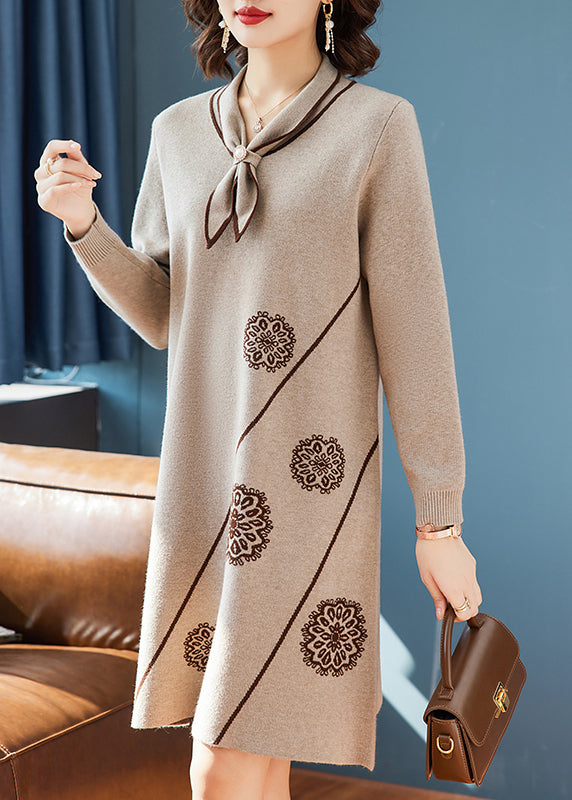 Classy Camel Bow Print Knit Sweater Dress Spring Tq017