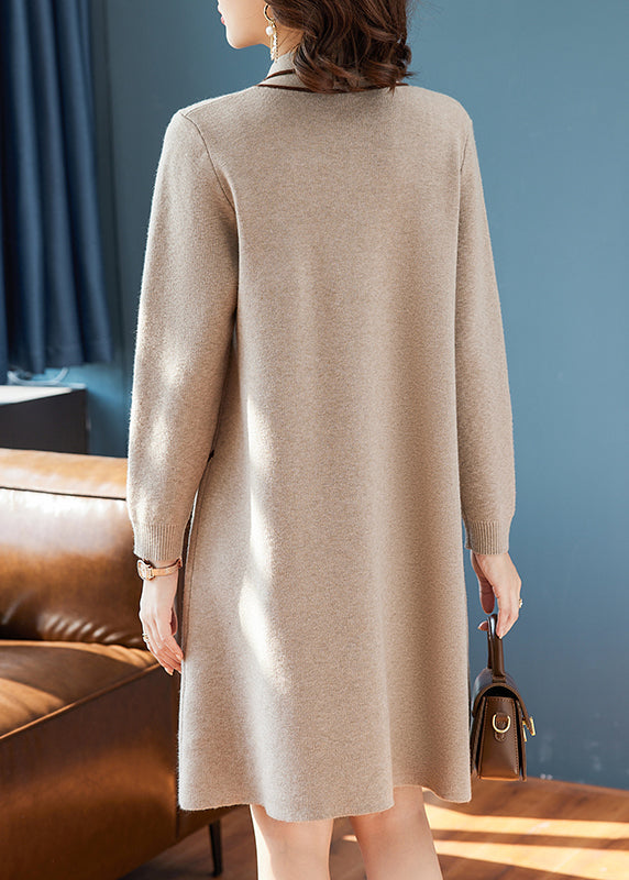 Classy Camel Bow Print Knit Sweater Dress Spring Tq017