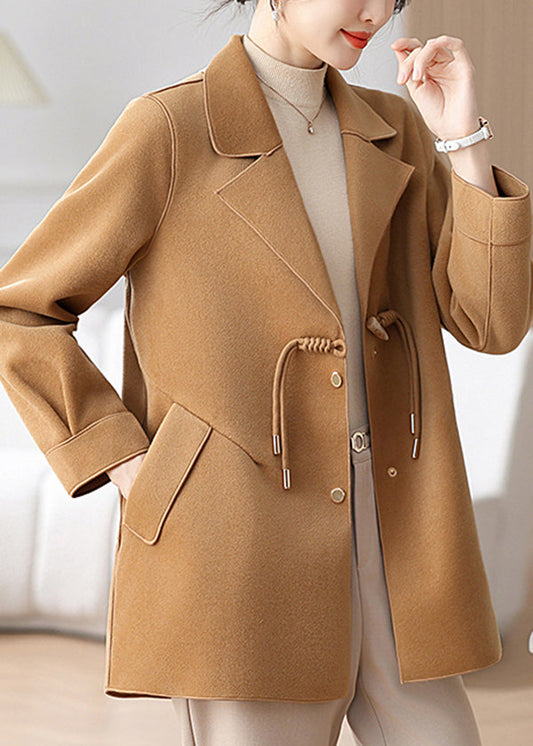 Classy Camel Notched Tassel Pockets Woolen Coat Winter Rs028