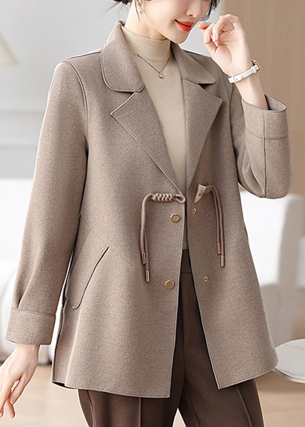 Classy Camel Notched Tassel Pockets Woolen Coat Winter Rs028