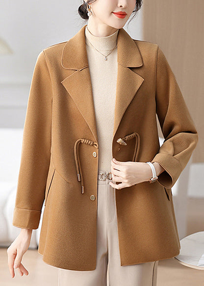 Classy Camel Notched Tassel Pockets Woolen Coat Winter Rs028