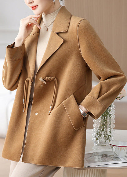 Classy Camel Notched Tassel Pockets Woolen Coat Winter Rs028