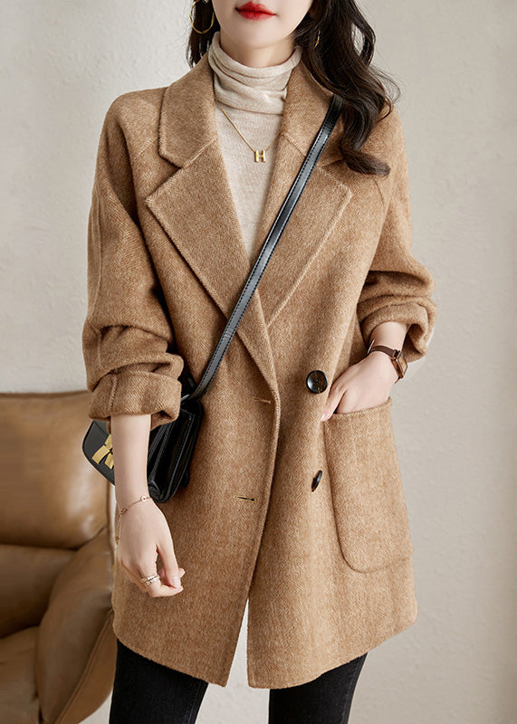 Classy Camel Peter Pan Collar Pockets Woolen Coats Spring Te042