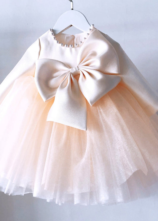 Classy Champagne Patchwork Bow Tulle Kids Long Dress Spring Ys041