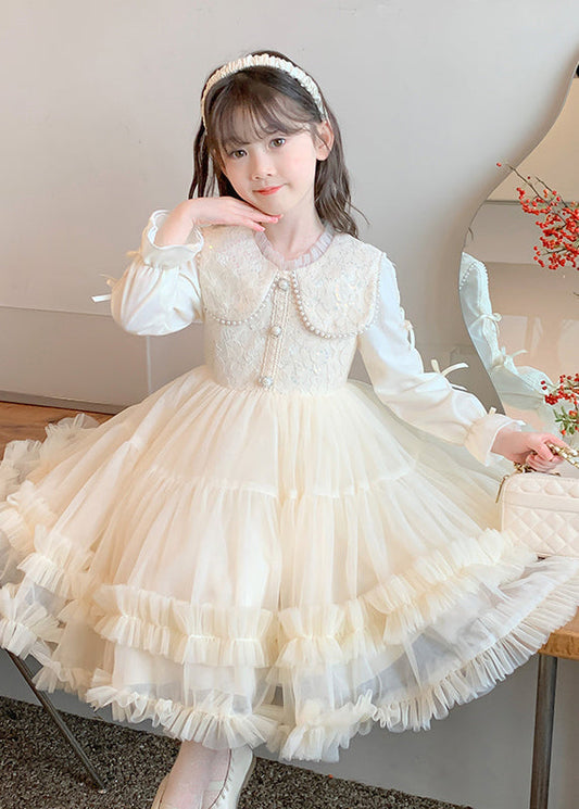 Classy Champagne Ruffled Nail Bead Tulle Patchwork Kids Maxi Dresses Fall Qv040