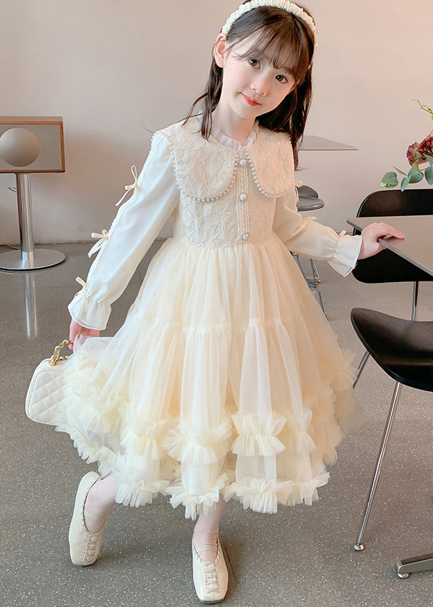 Classy Champagne Ruffled Nail Bead Tulle Patchwork Kids Maxi Dresses Fall Qv040