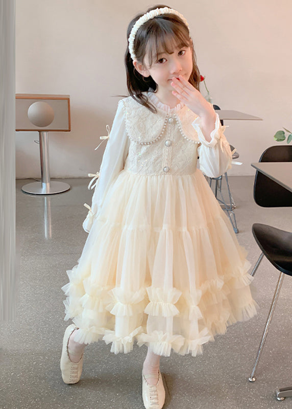 Classy Champagne Ruffled Nail Bead Tulle Patchwork Kids Maxi Dresses Fall Qv040