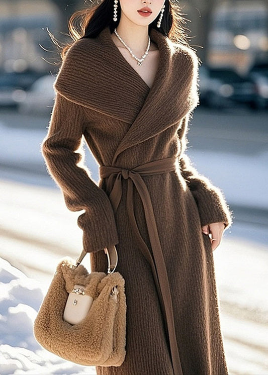Classy Coffee Peter Pan Collar Tie Waist Knit Sweaters Dress Spring Tn047