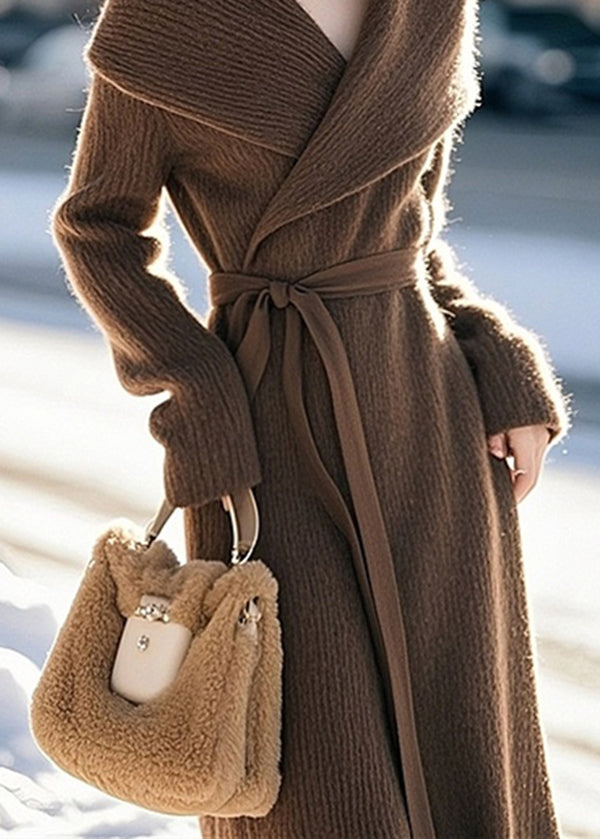 Classy Coffee Peter Pan Collar Tie Waist Knit Sweaters Dress Spring Tn047