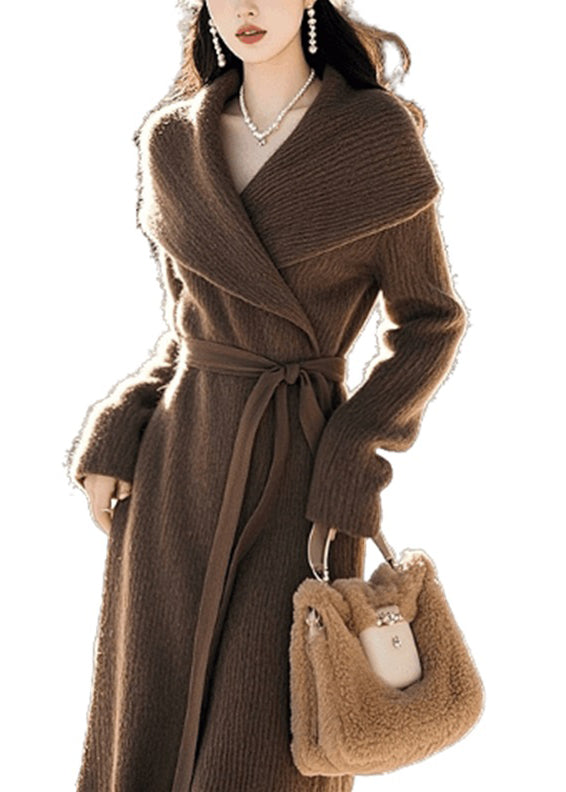 Classy Coffee Peter Pan Collar Tie Waist Knit Sweaters Dress Spring Tn047