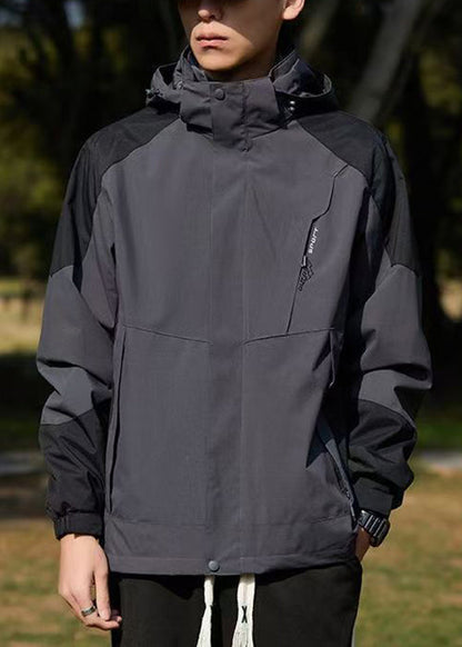 Hooded Spring Cotton Dark Coat Gray Classy Patchwork Pockets
