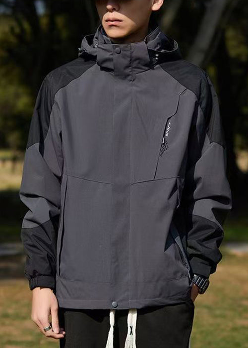 Hooded Spring Cotton Dark Coat Gray Classy Patchwork Pockets
