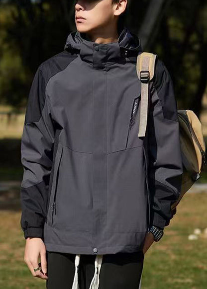 Hooded Spring Cotton Dark Coat Gray Classy Patchwork Pockets