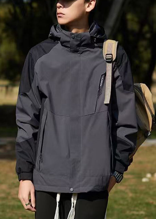 Hooded Spring Cotton Dark Coat Gray Classy Patchwork Pockets