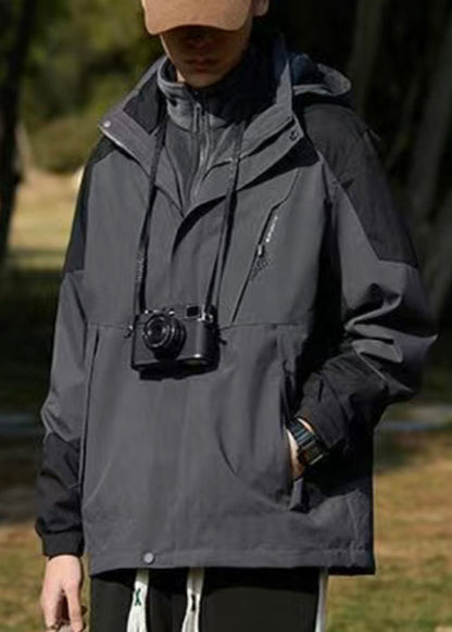 Hooded Spring Cotton Dark Coat Gray Classy Patchwork Pockets