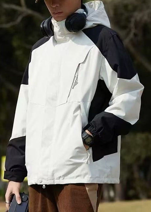 Hooded Spring Cotton Dark Coat Gray Classy Patchwork Pockets