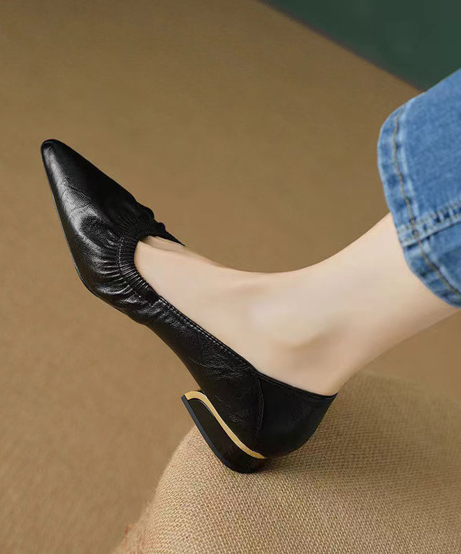Classy Flat Shoes for Black Cowhide Leather Pointed Toe Ap1024