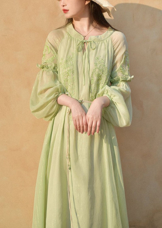 Classy Green Embroidered Lace Up Chiffon Long Dresses Long Sleeve Au1049
