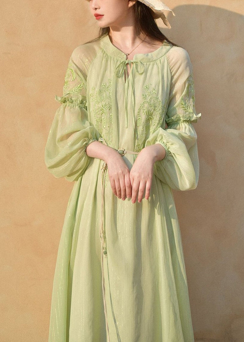 Classy Green Embroidered Lace Up Chiffon Long Dresses Long Sleeve Au1049