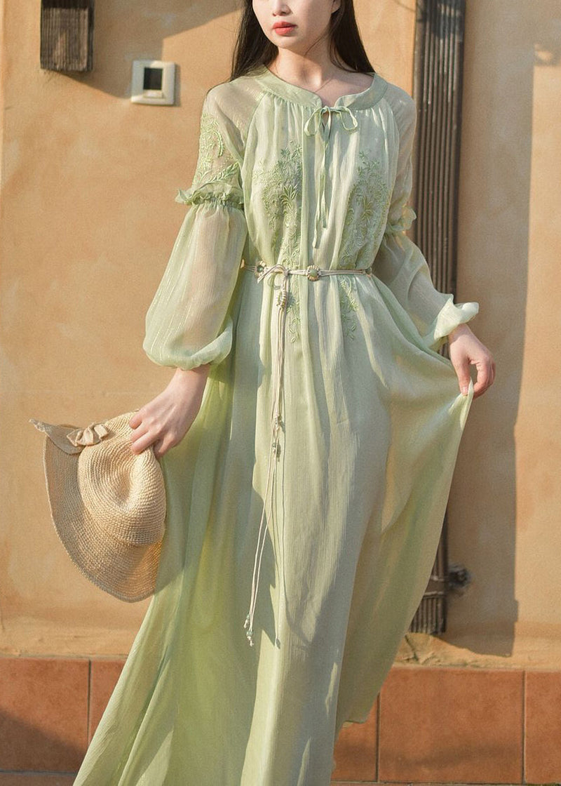 Classy Green Embroidered Lace Up Chiffon Long Dresses Long Sleeve Au1049