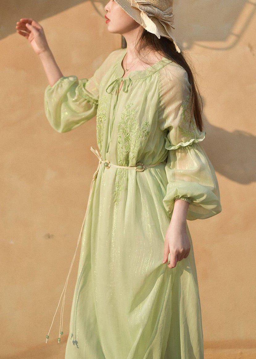 Classy Green Embroidered Lace Up Chiffon Long Dresses Long Sleeve Au1049