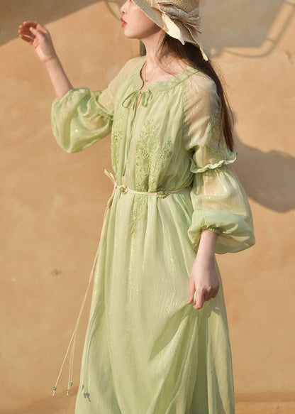 Classy Green Embroidered Lace Up Chiffon Long Dresses Long Sleeve Au1049