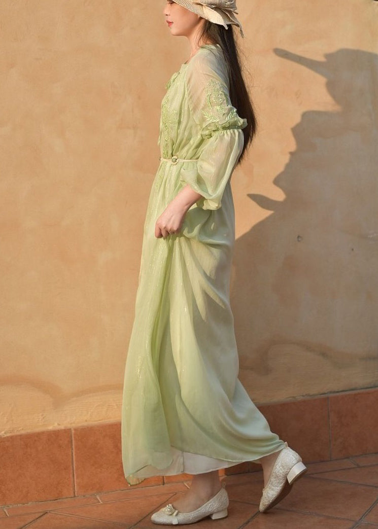 Classy Green Embroidered Lace Up Chiffon Long Dresses Long Sleeve Au1049
