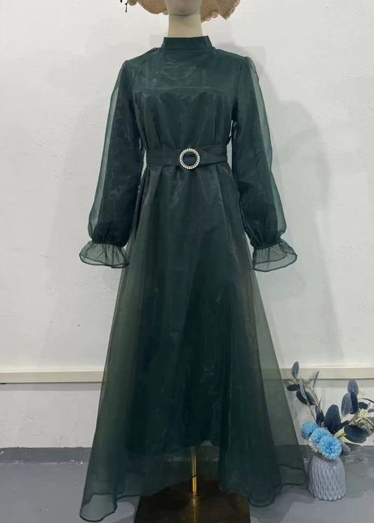 Classy Green Half High Neck Tulle Long Dresses Fall Ql031