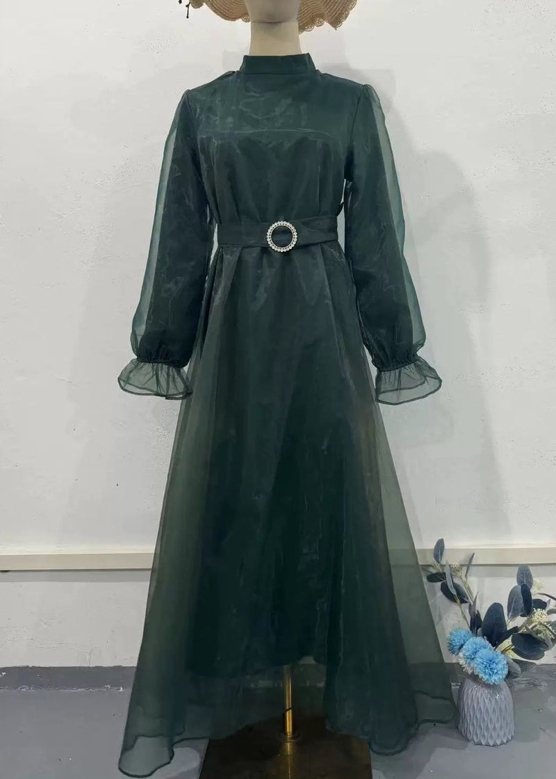 Classy Green Half High Neck Tulle Long Dresses Fall Ql031