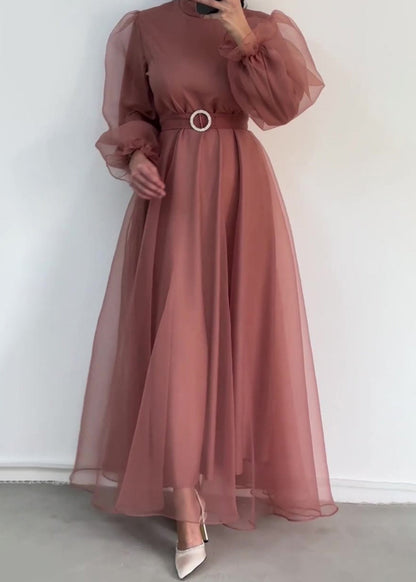 Classy Green Half High Neck Tulle Long Dresses Fall Ql031