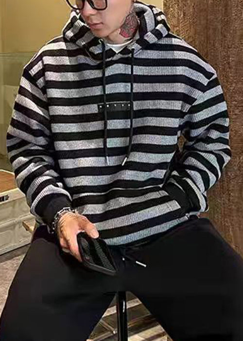 Classy Green Hooded Striped Knit Sweaters Winter Rp069