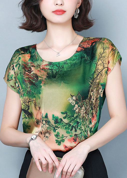 Classy Green O-neck Print Tops and Pants Two Piece Suit Set Summer Ly0477