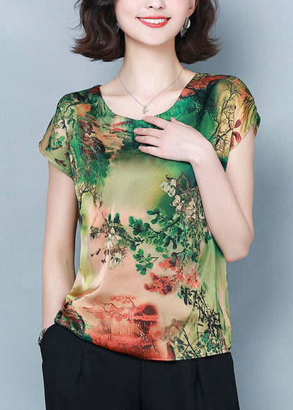 Classy Green O-neck Print Tops and Pants Two Piece Suit Set Summer Ly0477