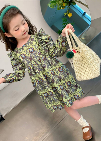 Classy Green Ruffled Patchwork Maxi Dress Long Sleeve Ss1054