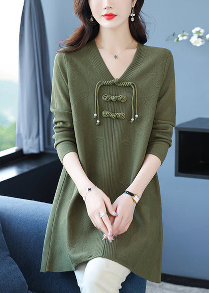 Classy Green V Neck Print Woolen Long Sweater Winter Rl015