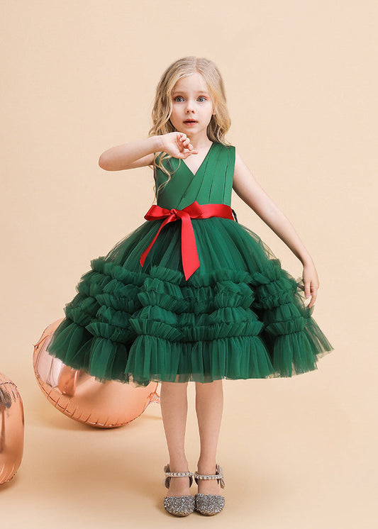Classy Green V Neck Tie Waist Tulle Long Dresses Summer Rp036