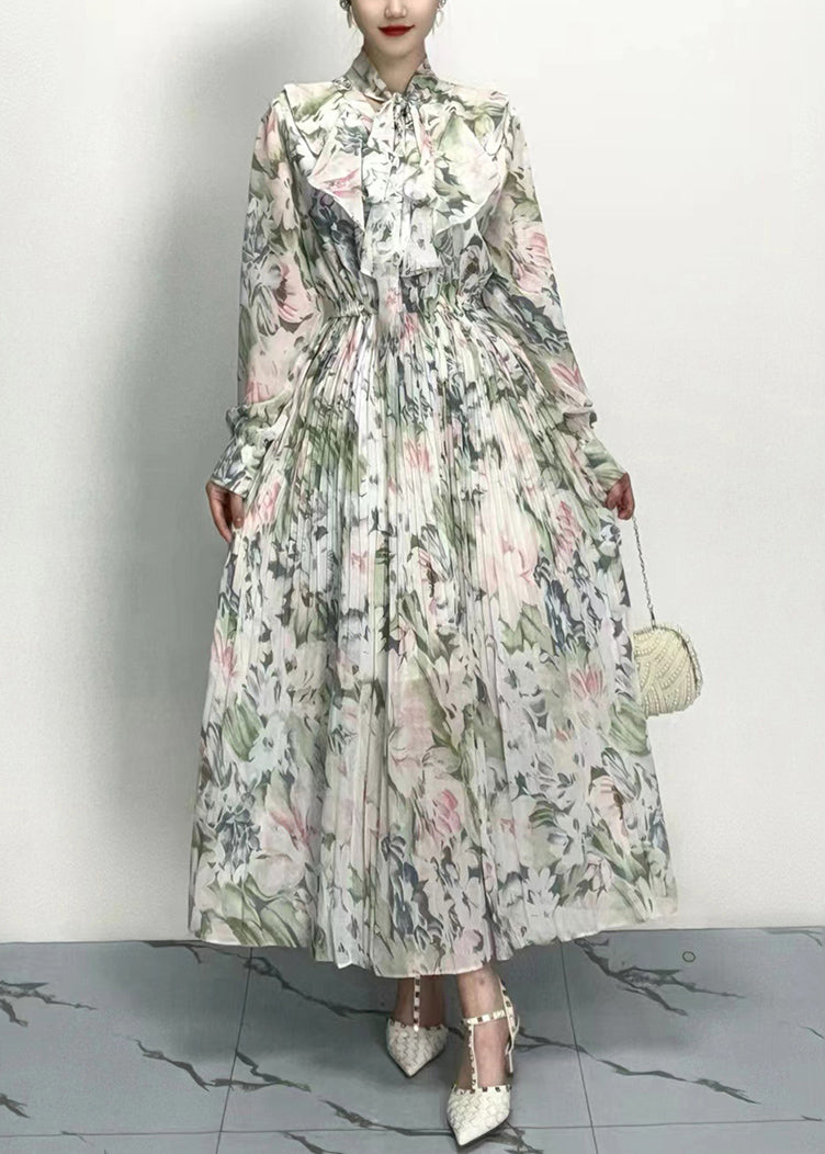 Classy Grey Bow Print Wrinkled Cotton Long Dresses Long Sleeve Ao1011
