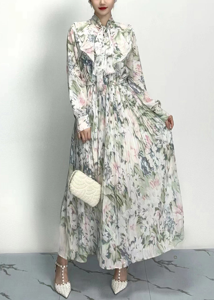 Classy Grey Bow Print Wrinkled Cotton Long Dresses Long Sleeve Ao1011