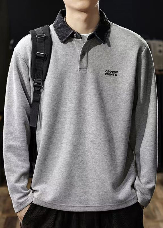 Sweatshirt Patchwork Classy Button Polo Cotton Oversized Tc035 Spring Grey