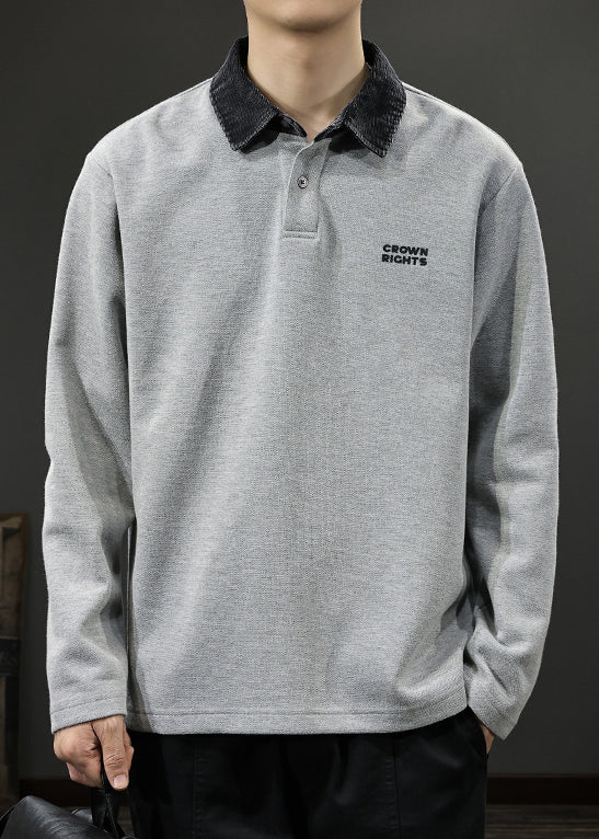 Sweatshirt Patchwork Classy Button Polo Cotton Oversized Tc035 Spring Grey