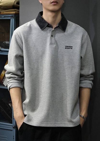 Sweatshirt Patchwork Classy Button Polo Cotton Oversized Tc035 Spring Grey