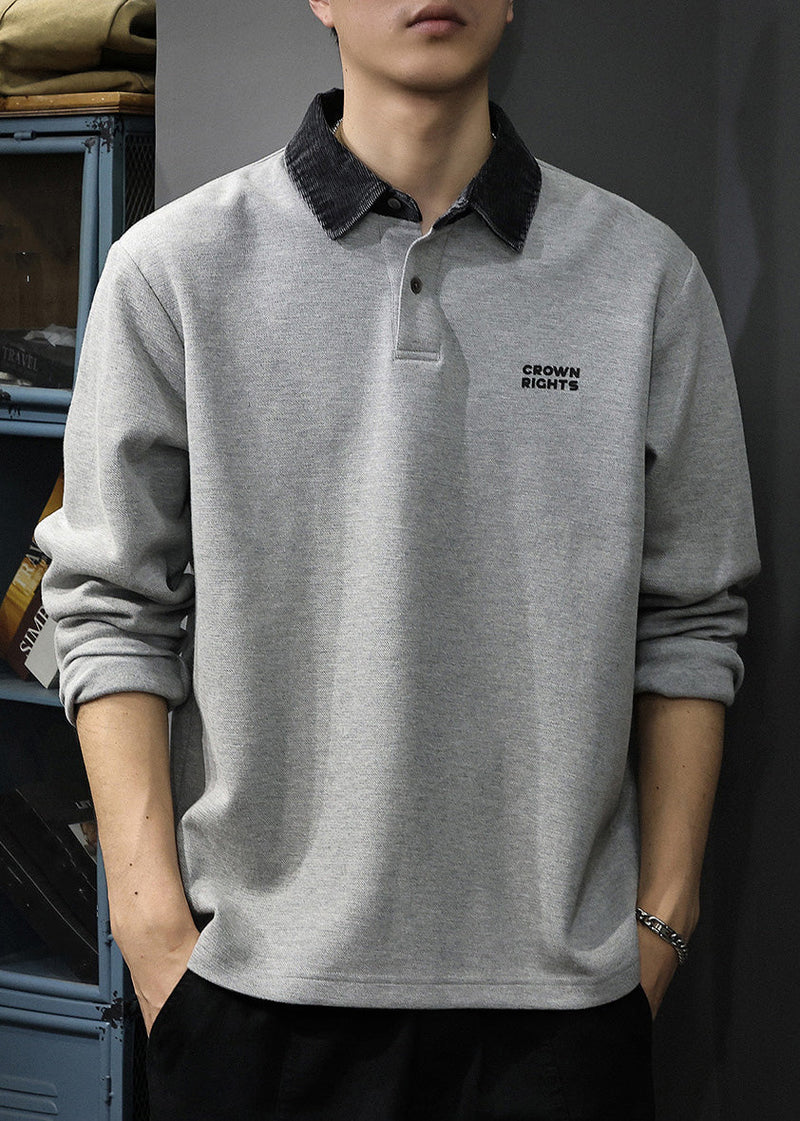 Sweatshirt Patchwork Classy Button Polo Cotton Oversized Tc035 Spring Grey