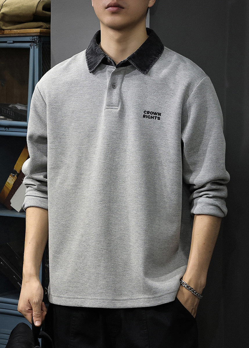 Sweatshirt Patchwork Classy Button Polo Cotton Oversized Tc035 Spring Grey