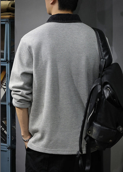 Sweatshirt Patchwork Classy Button Polo Cotton Oversized Tc035 Spring Grey